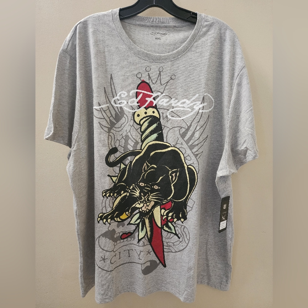 NWT Ed Hardy Crouching Panther Dagger Grey t-shirt Size XXL